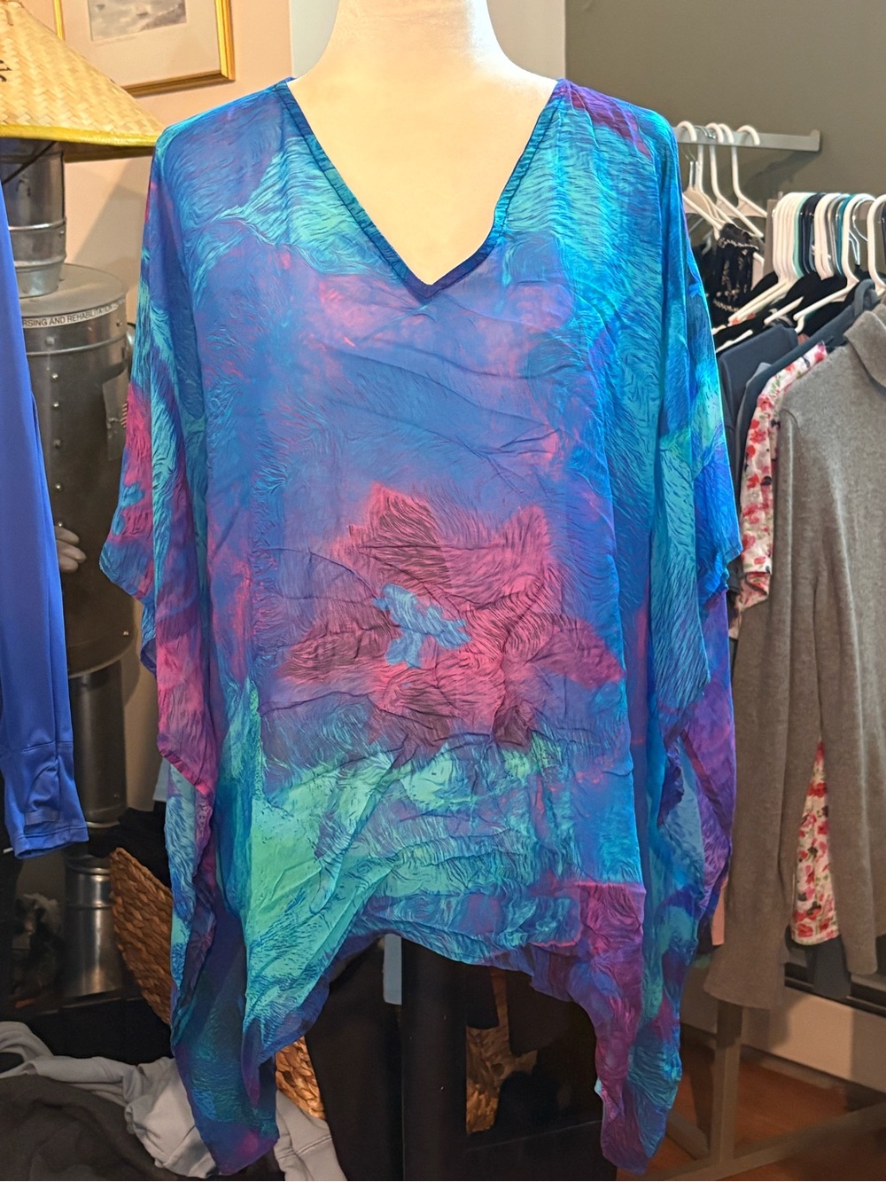 Sheer V-Neck Watercolor Tunic in Blue and Purple